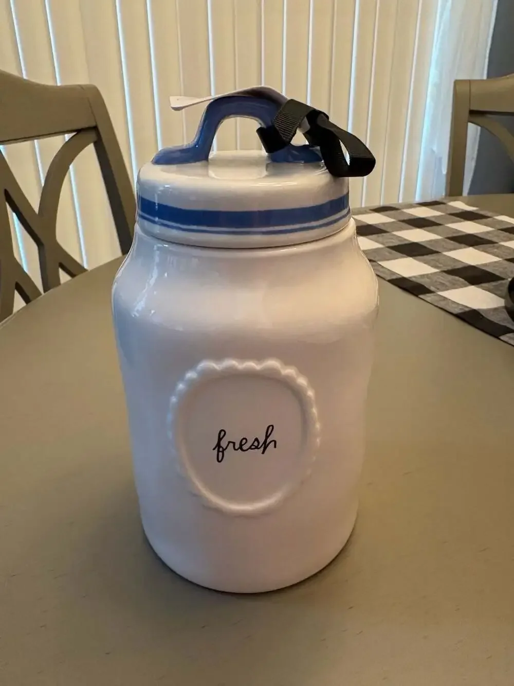 Rae Dunn Fresh Ceramic Canister with Blue Striped Lid and Handle